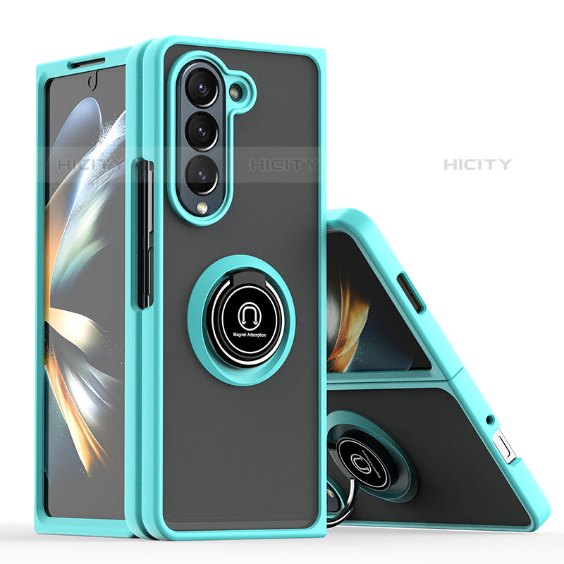 Funda Bumper Silicona y Plastico Mate Carcasa con Magnetico Anillo de dedo Soporte QW2 para Samsung Galaxy Z Fold5 5G Cian