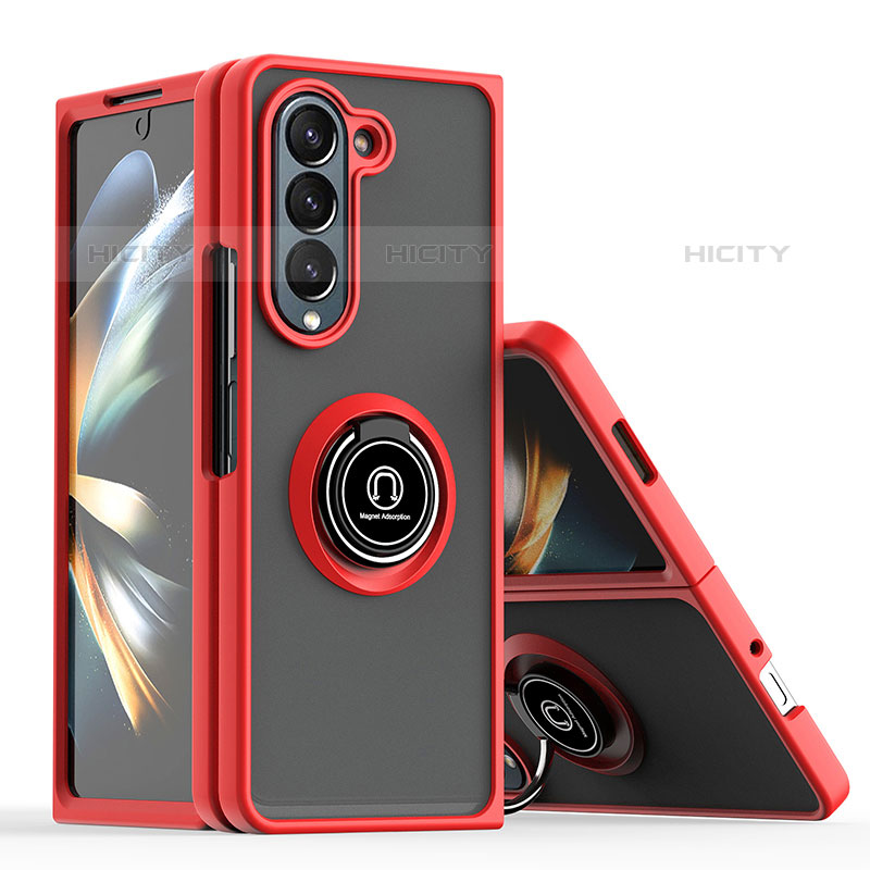 Funda Bumper Silicona y Plastico Mate Carcasa con Magnetico Anillo de dedo Soporte QW2 para Samsung Galaxy Z Fold5 5G Rojo