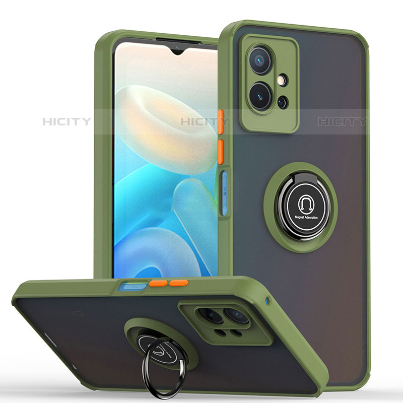 Funda Bumper Silicona y Plastico Mate Carcasa con Magnetico Anillo de dedo Soporte QW2 para Vivo T1 5G India Ejercito Verde