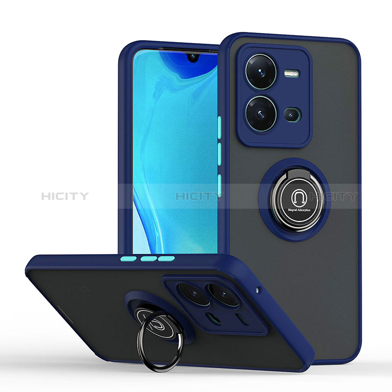 Funda Bumper Silicona y Plastico Mate Carcasa con Magnetico Anillo de dedo Soporte QW2 para Vivo X80 Lite 5G Azul