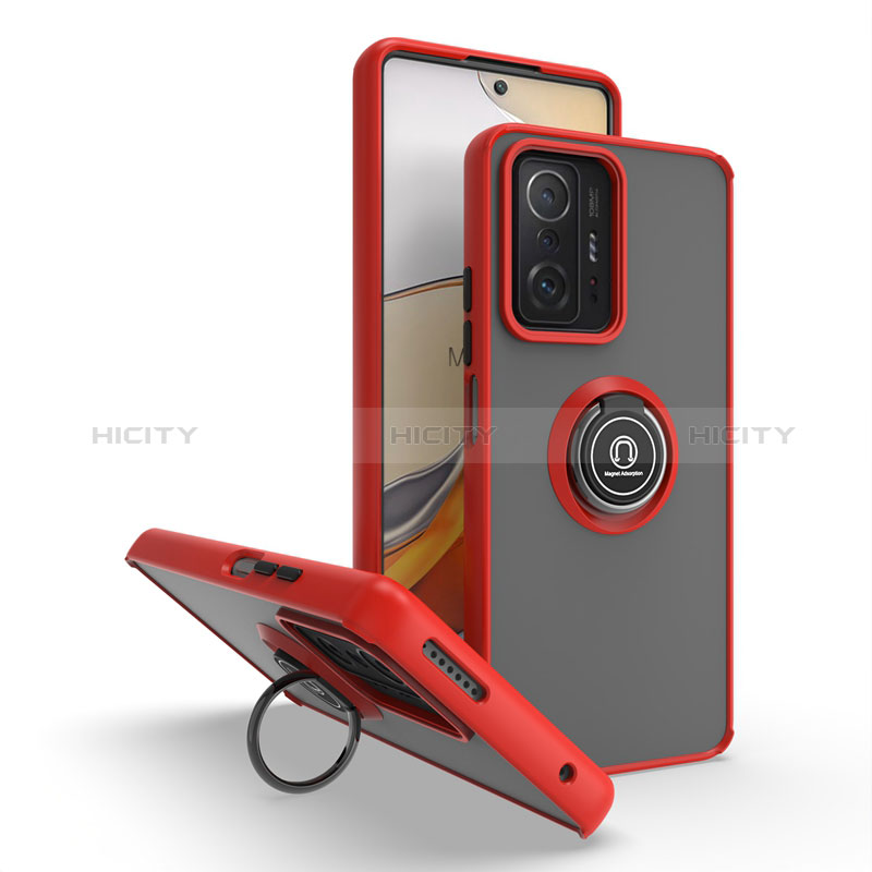 Funda Bumper Silicona y Plastico Mate Carcasa con Magnetico Anillo de dedo Soporte QW2 para Xiaomi Mi 11T 5G Rojo