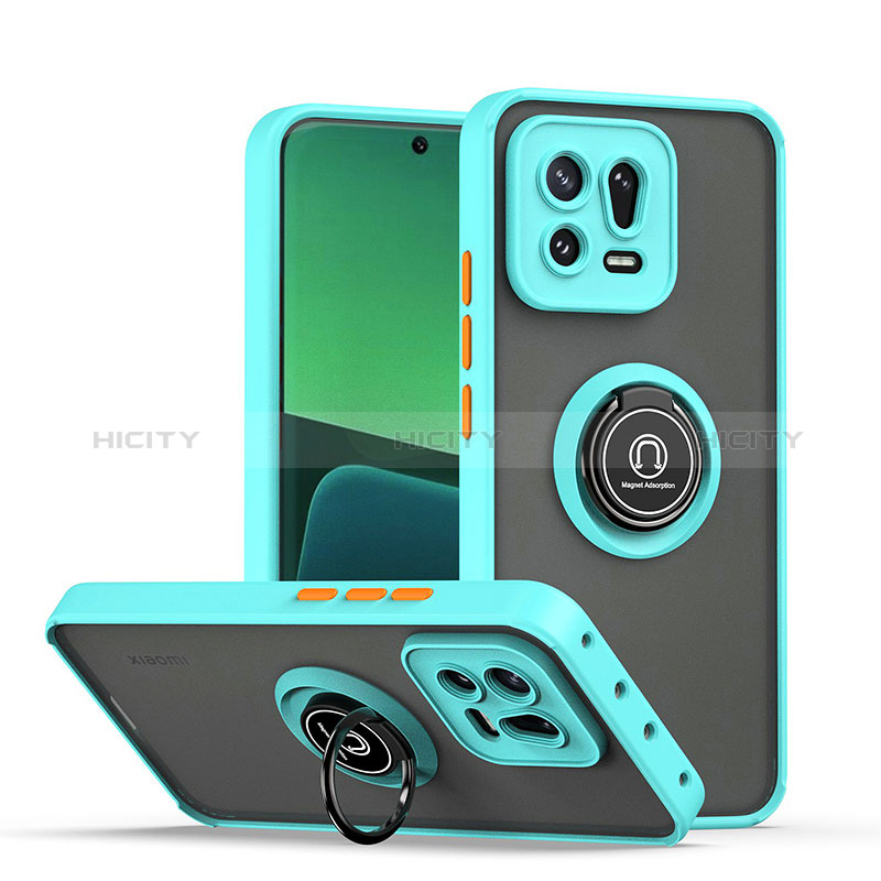 Funda Bumper Silicona y Plastico Mate Carcasa con Magnetico Anillo de dedo Soporte QW2 para Xiaomi Mi 13 Pro 5G Cian