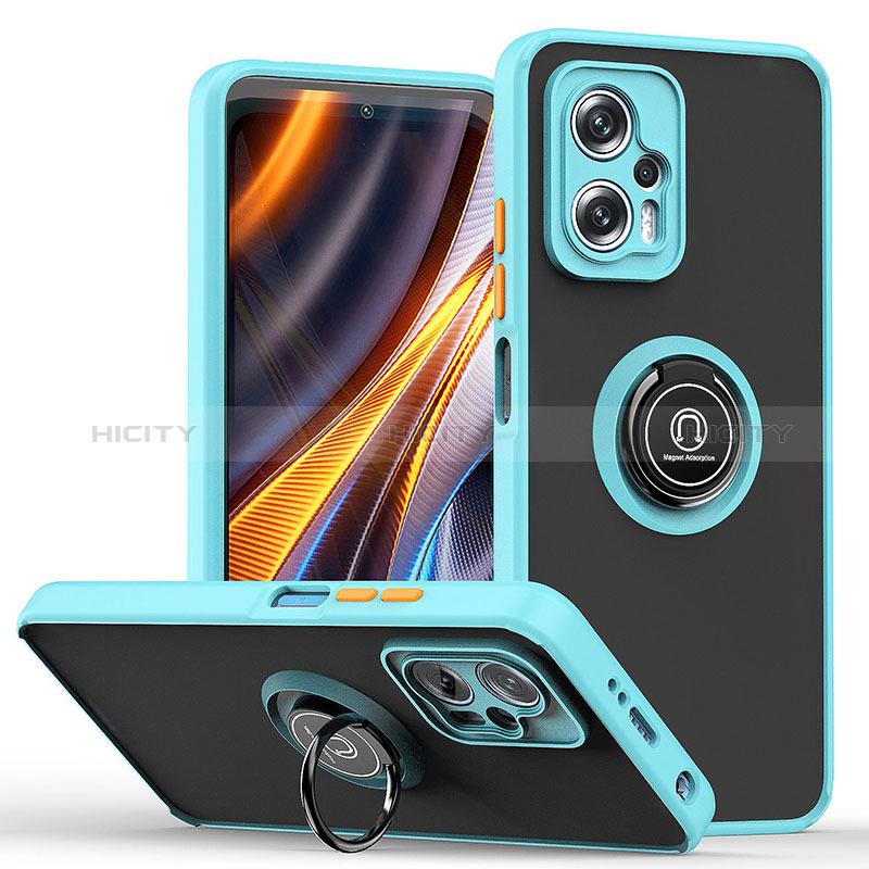 Funda Bumper Silicona y Plastico Mate Carcasa con Magnetico Anillo de dedo Soporte QW2 para Xiaomi Poco X4 GT 5G Cian