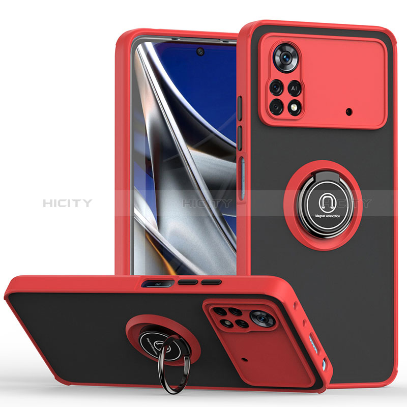 Funda Bumper Silicona y Plastico Mate Carcasa con Magnetico Anillo de dedo Soporte QW2 para Xiaomi Poco X4 Pro 5G Rojo