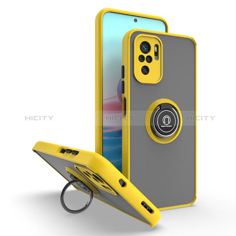 Funda Bumper Silicona y Plastico Mate Carcasa con Magnetico Anillo de dedo Soporte QW2 para Xiaomi Redmi Note 10 Pro 4G Amarillo