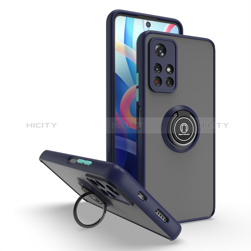 Funda Bumper Silicona y Plastico Mate Carcasa con Magnetico Anillo de dedo Soporte QW2 para Xiaomi Redmi Note 11 5G Azul