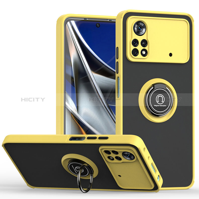 Funda Bumper Silicona y Plastico Mate Carcasa con Magnetico Anillo de dedo Soporte QW2 para Xiaomi Redmi Note 11E Pro 5G Amarillo