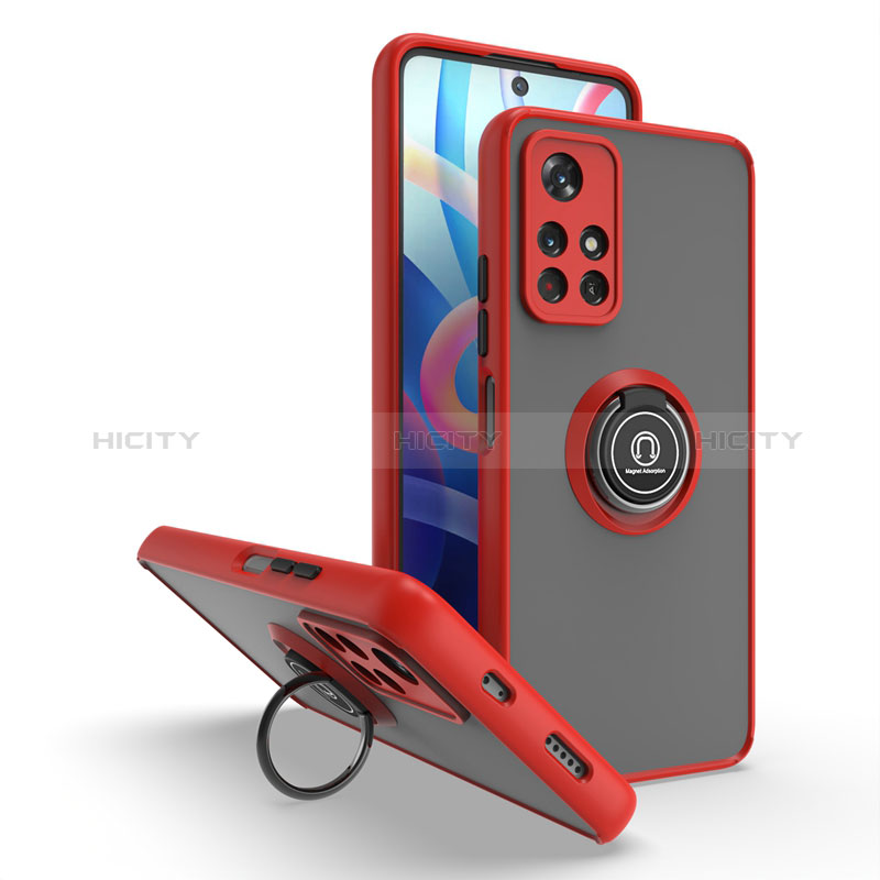 Funda Bumper Silicona y Plastico Mate Carcasa con Magnetico Anillo de dedo Soporte QW2 para Xiaomi Redmi Note 11S 5G Rojo