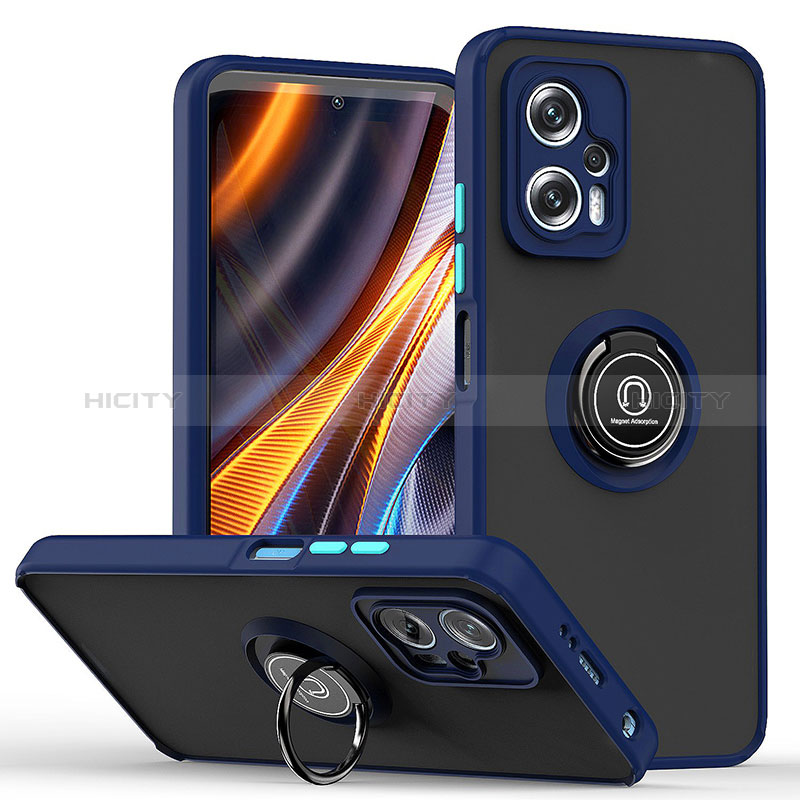 Funda Bumper Silicona y Plastico Mate Carcasa con Magnetico Anillo de dedo Soporte QW2 para Xiaomi Redmi Note 11T Pro 5G Azul