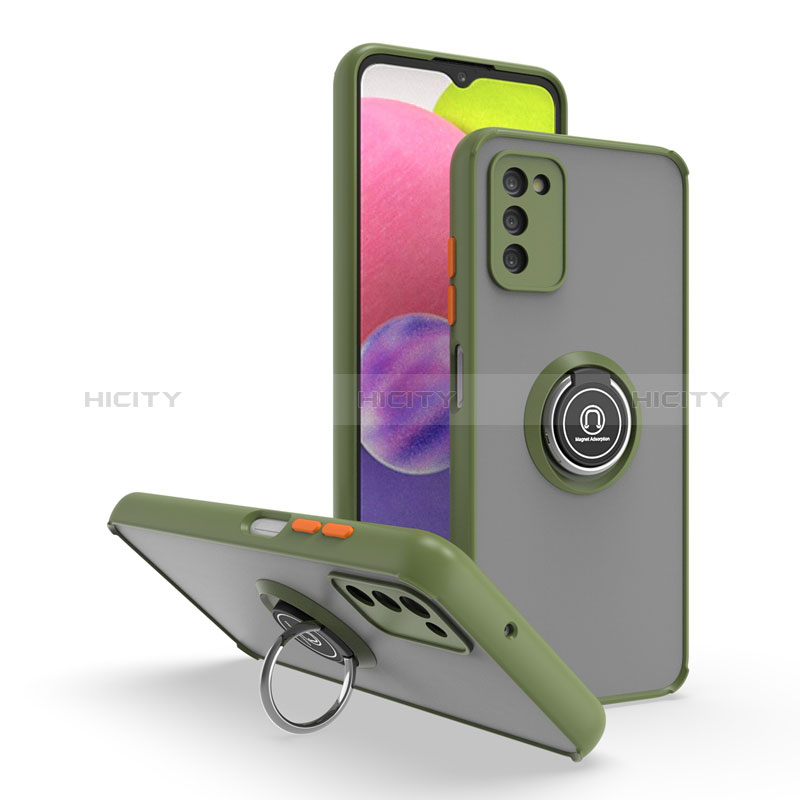 Funda Bumper Silicona y Plastico Mate Carcasa con Magnetico Anillo de dedo Soporte QW3 para Samsung Galaxy A02s Ejercito Verde