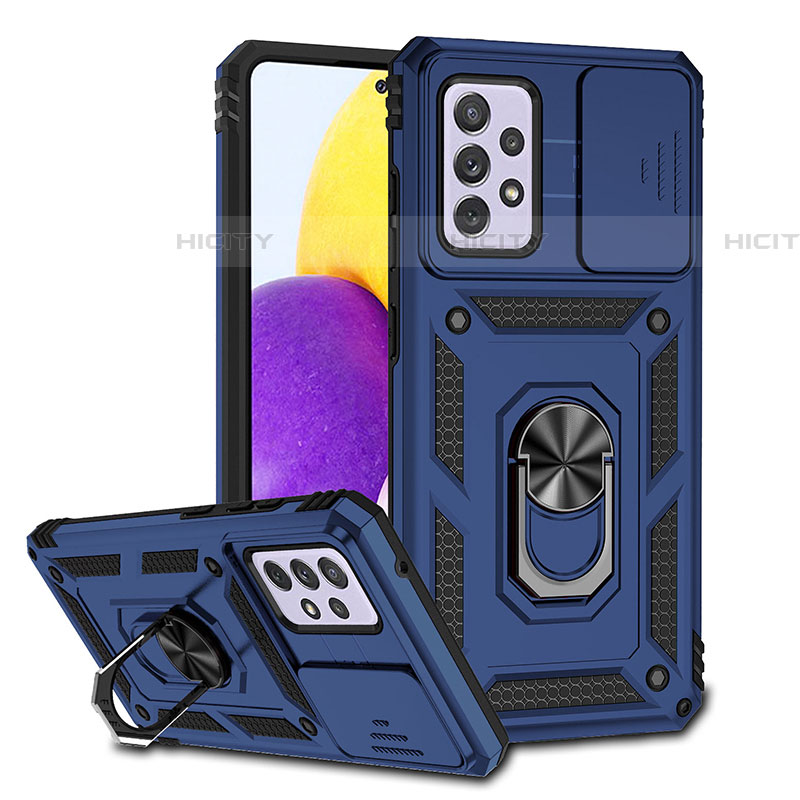 Funda Bumper Silicona y Plastico Mate Carcasa con Magnetico Anillo de dedo Soporte QW3 para Samsung Galaxy A72 4G Azul