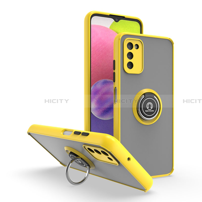 Funda Bumper Silicona y Plastico Mate Carcasa con Magnetico Anillo de dedo Soporte QW3 para Samsung Galaxy F02S SM-E025F Amarillo