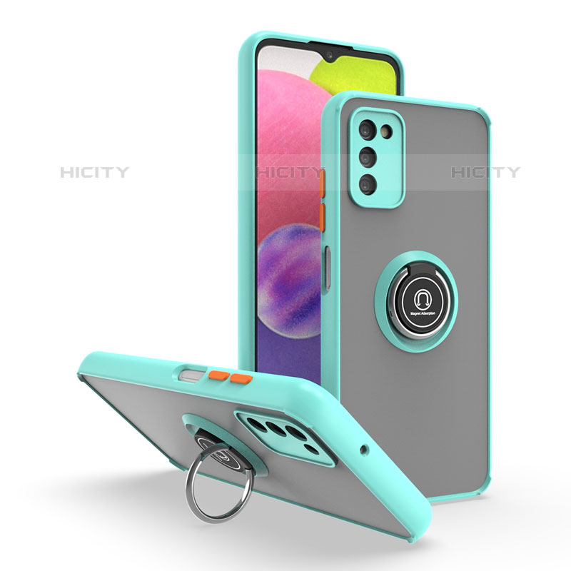 Funda Bumper Silicona y Plastico Mate Carcasa con Magnetico Anillo de dedo Soporte QW3 para Samsung Galaxy M02s Cian