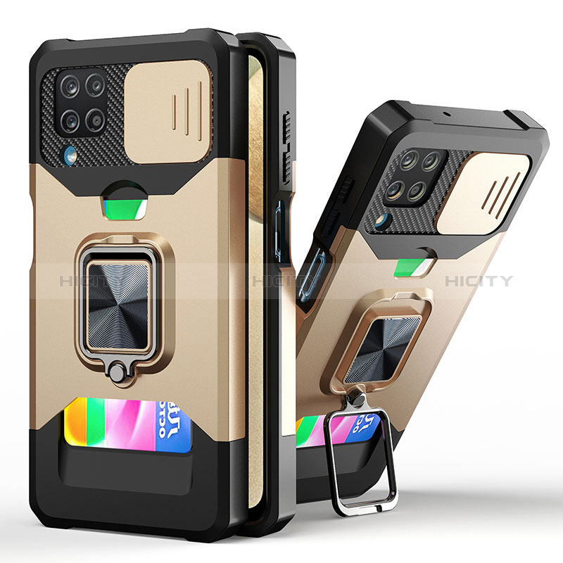 Funda Bumper Silicona y Plastico Mate Carcasa con Magnetico Anillo de dedo Soporte QW3 para Samsung Galaxy M12 Oro