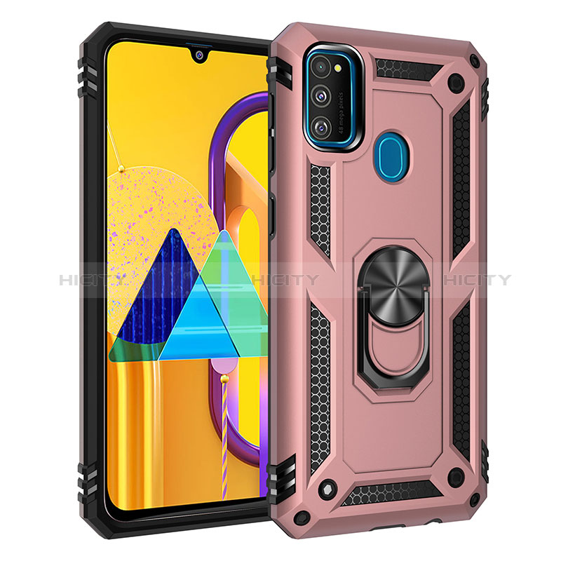 Funda Bumper Silicona y Plastico Mate Carcasa con Magnetico Anillo de dedo Soporte QW3 para Samsung Galaxy M21 Oro Rosa