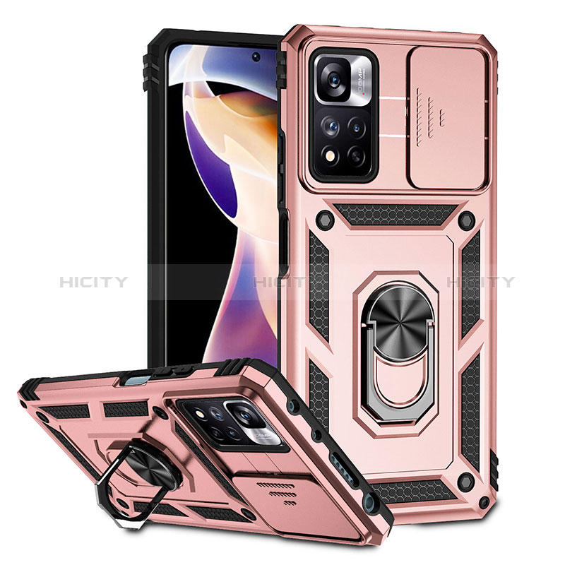 Funda Bumper Silicona y Plastico Mate Carcasa con Magnetico Anillo de dedo Soporte QW3 para Xiaomi Mi 11i 5G (2022) Oro Rosa