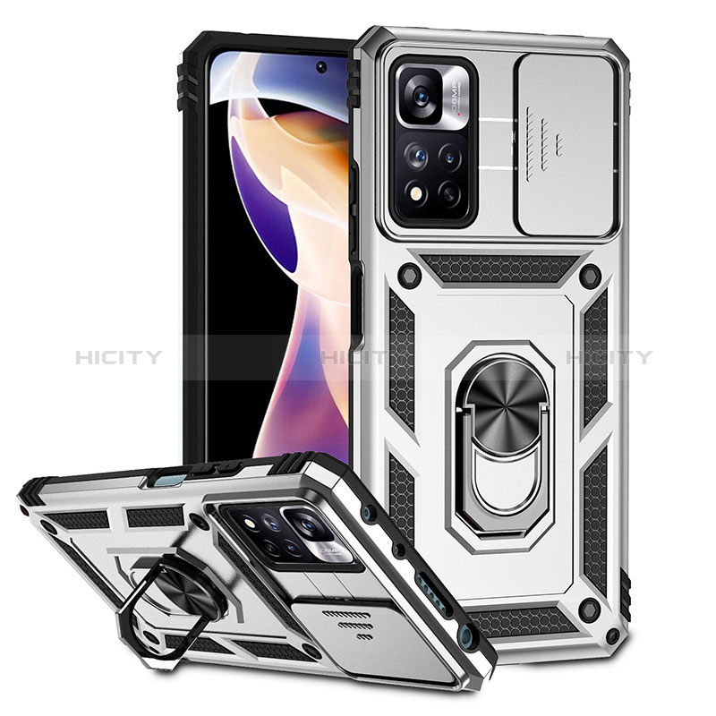 Funda Bumper Silicona y Plastico Mate Carcasa con Magnetico Anillo de dedo Soporte QW3 para Xiaomi Mi 11i 5G (2022) Plata