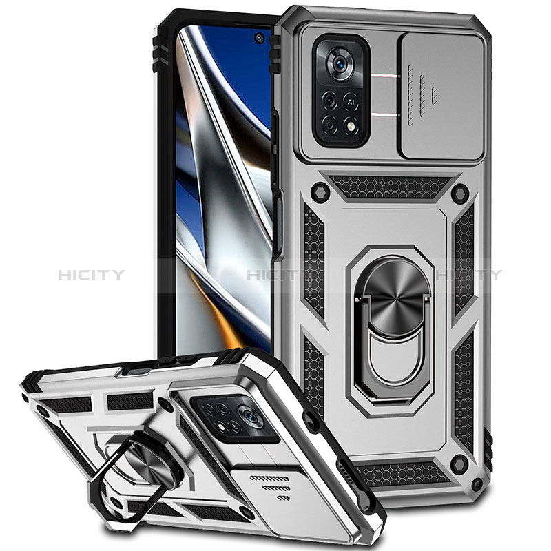 Funda Bumper Silicona y Plastico Mate Carcasa con Magnetico Anillo de dedo Soporte QW3 para Xiaomi Poco X4 Pro 5G Plata