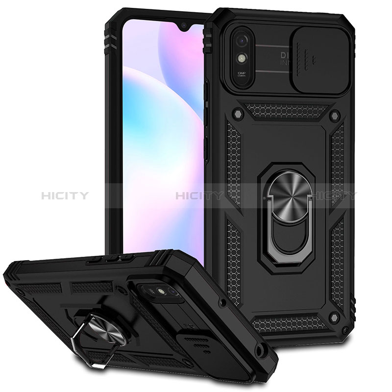 Funda Bumper Silicona y Plastico Mate Carcasa con Magnetico Anillo de dedo Soporte QW3 para Xiaomi Redmi 9A Negro