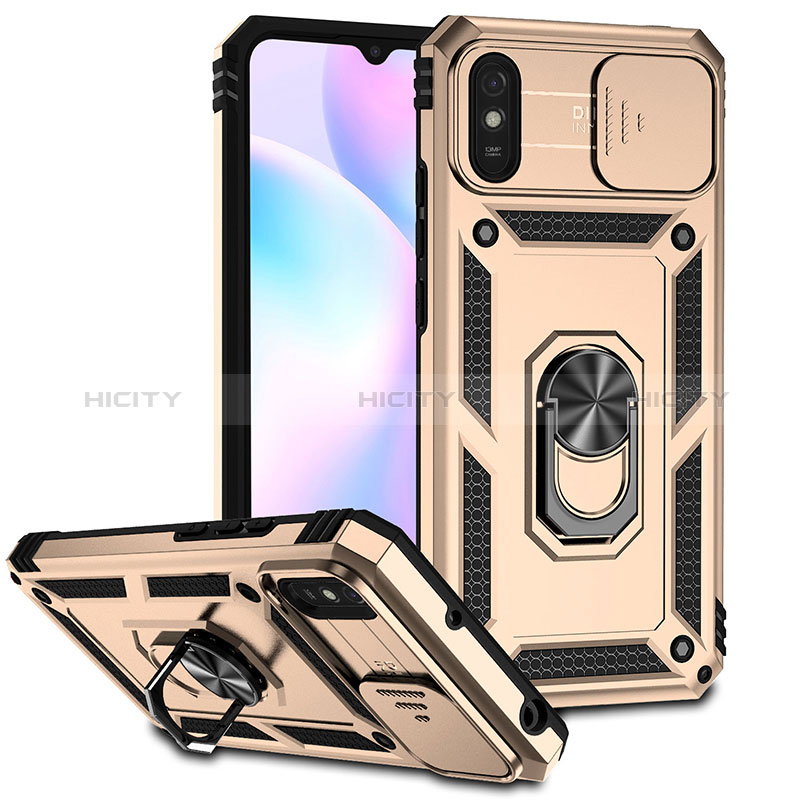 Funda Bumper Silicona y Plastico Mate Carcasa con Magnetico Anillo de dedo Soporte QW3 para Xiaomi Redmi 9A Oro