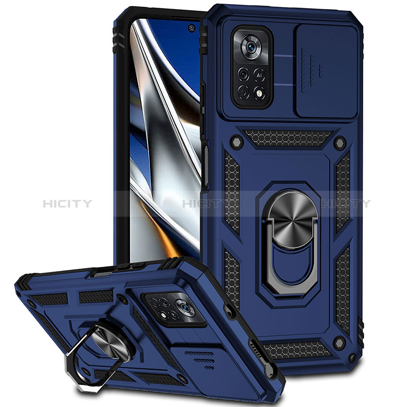 Funda Bumper Silicona y Plastico Mate Carcasa con Magnetico Anillo de dedo Soporte QW3 para Xiaomi Redmi Note 11E Pro 5G Azul