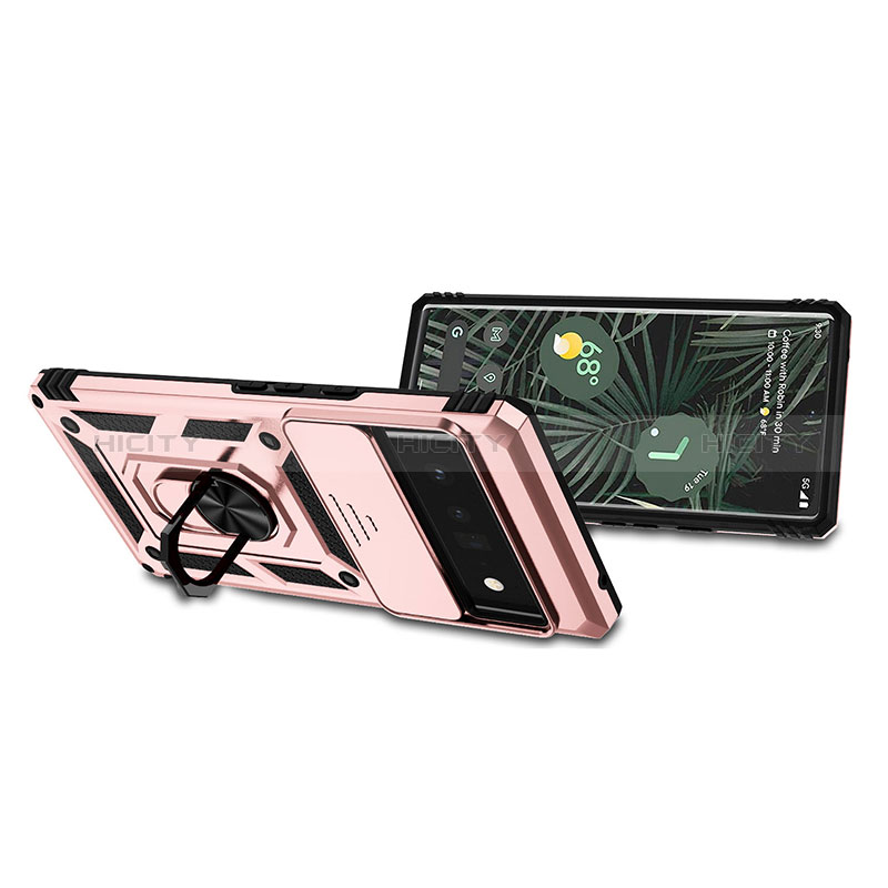 Funda Bumper Silicona y Plastico Mate Carcasa con Magnetico Anillo de dedo Soporte QW4 para Google Pixel 6 Pro 5G Oro Rosa