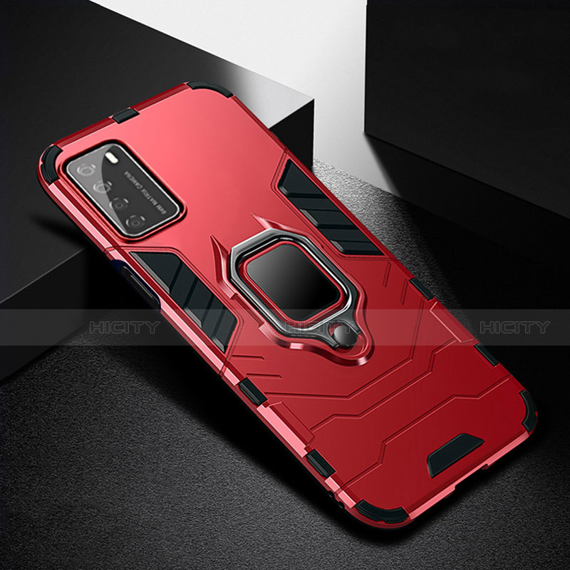 Funda Bumper Silicona y Plastico Mate Carcasa con Magnetico Anillo de dedo Soporte R01 para Huawei Honor Play4 5G Rojo