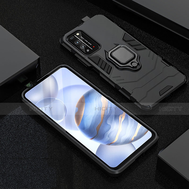 Funda Bumper Silicona y Plastico Mate Carcasa con Magnetico Anillo de dedo Soporte R01 para Huawei Honor X10 5G Negro