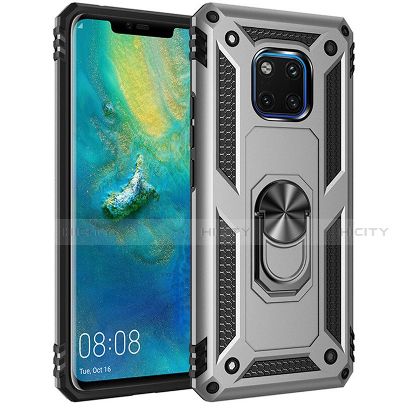 Funda Bumper Silicona y Plastico Mate Carcasa con Magnetico Anillo de dedo Soporte R01 para Huawei Mate 20 Pro Plata