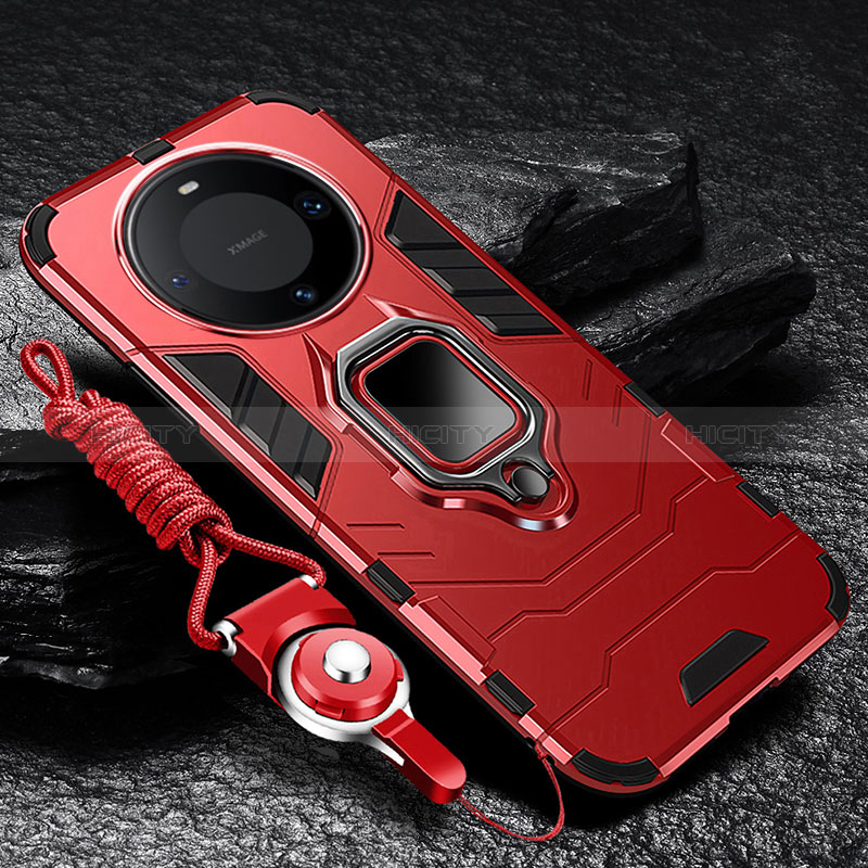 Funda Bumper Silicona y Plastico Mate Carcasa con Magnetico Anillo de dedo Soporte R01 para Huawei Mate 60 Rojo