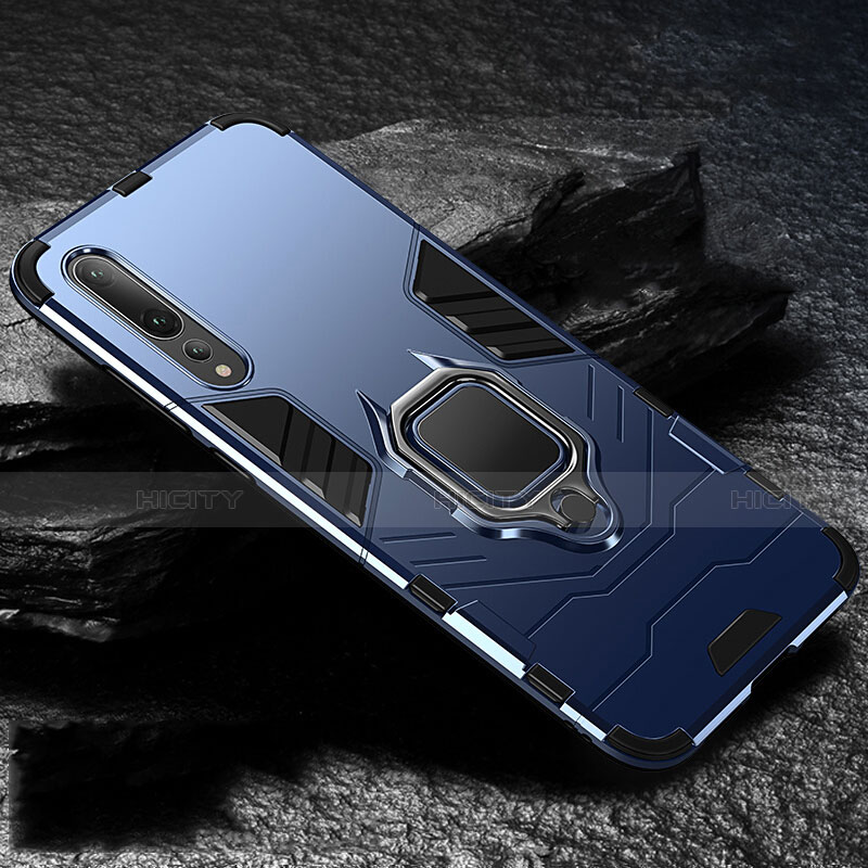 Funda Bumper Silicona y Plastico Mate Carcasa con Magnetico Anillo de dedo Soporte R01 para Huawei P20 Pro Azul