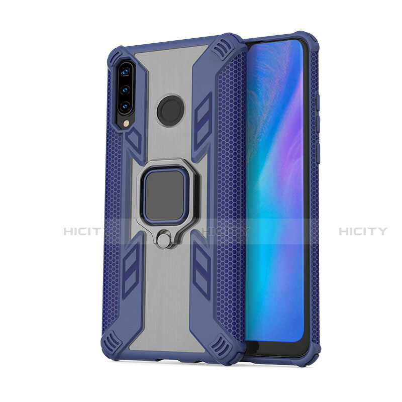 Funda Bumper Silicona y Plastico Mate Carcasa con Magnetico Anillo de dedo Soporte R01 para Huawei P30 Lite Azul