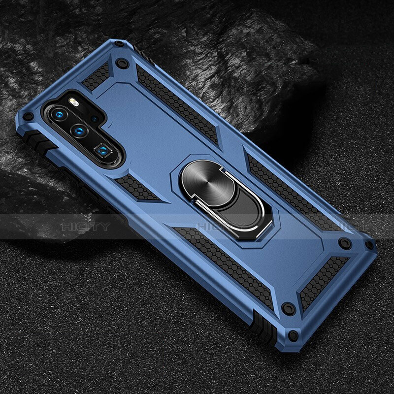 Funda Bumper Silicona y Plastico Mate Carcasa con Magnetico Anillo de dedo Soporte R01 para Huawei P30 Pro Azul