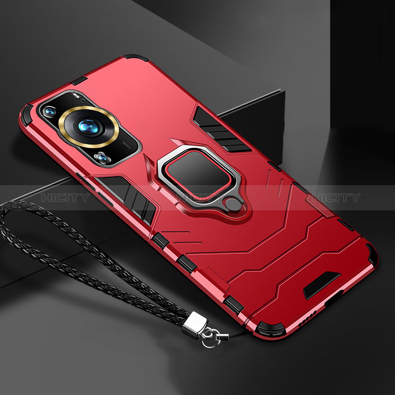 Funda Bumper Silicona y Plastico Mate Carcasa con Magnetico Anillo de dedo Soporte R01 para Huawei P60 Pro