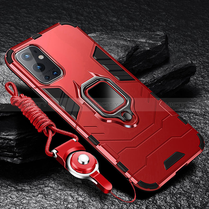 Funda Bumper Silicona y Plastico Mate Carcasa con Magnetico Anillo de dedo Soporte R01 para OnePlus 9 Pro 5G Rojo