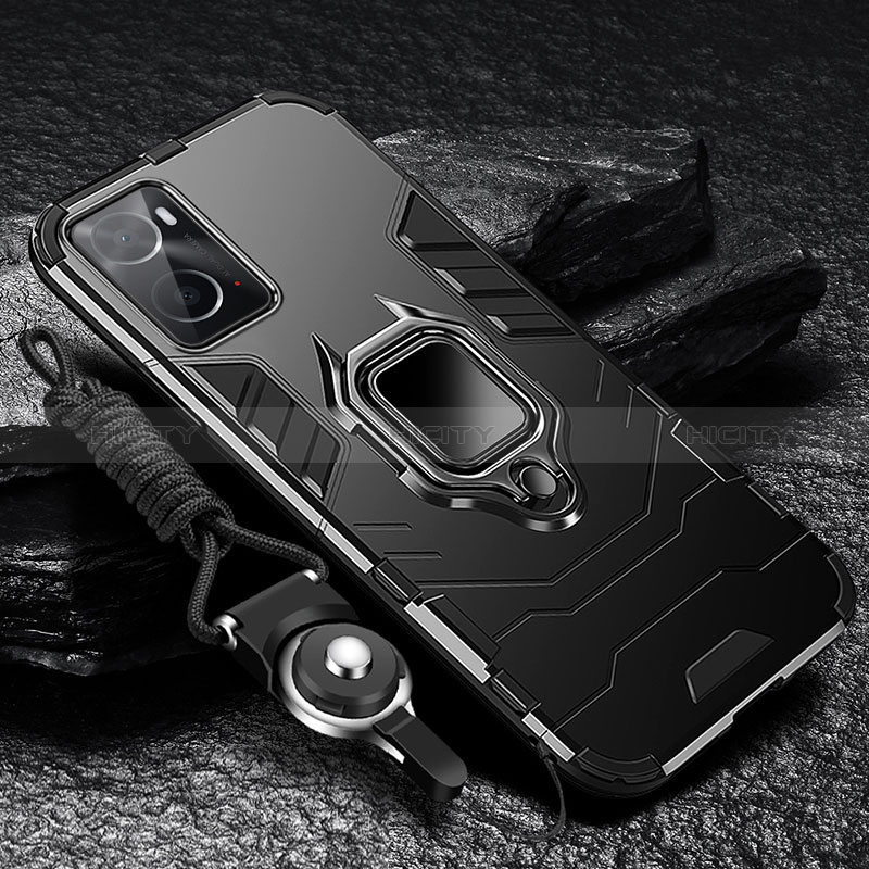 Funda Bumper Silicona y Plastico Mate Carcasa con Magnetico Anillo de dedo Soporte R01 para Oppo A76 Negro