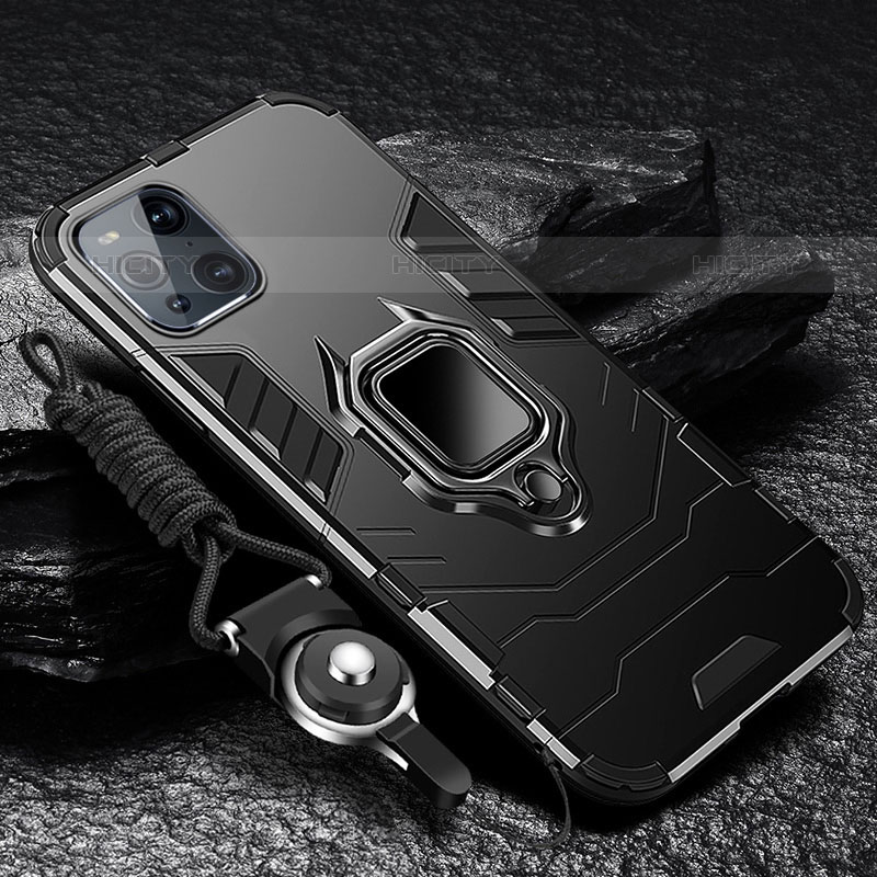 Funda Bumper Silicona y Plastico Mate Carcasa con Magnetico Anillo de dedo Soporte R01 para Oppo Find X3 Pro 5G Negro