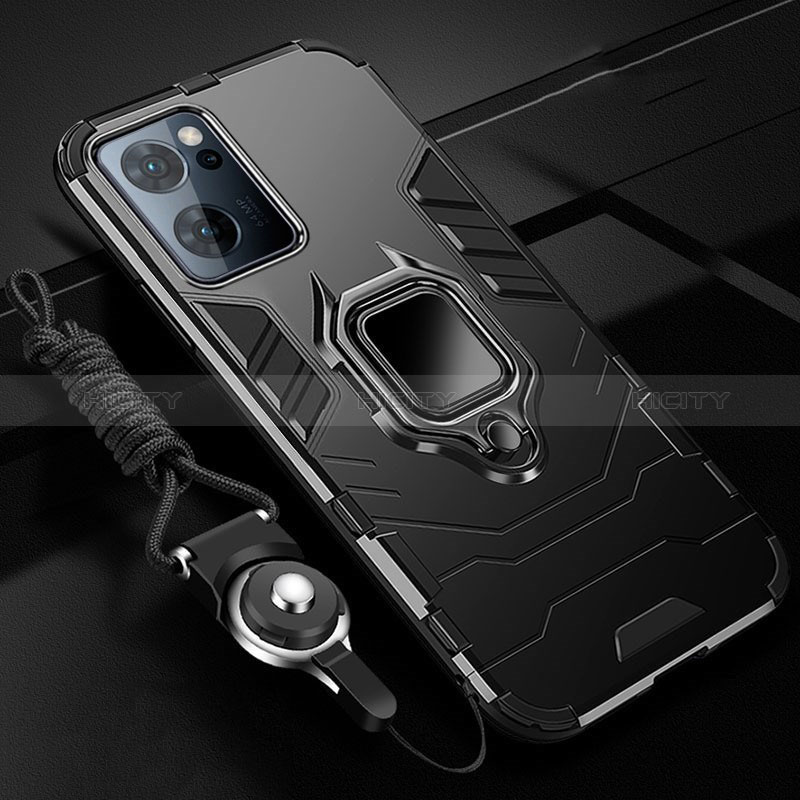 Funda Bumper Silicona y Plastico Mate Carcasa con Magnetico Anillo de dedo Soporte R01 para Oppo Find X5 Lite 5G Negro