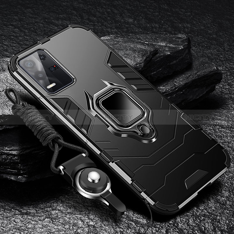 Funda Bumper Silicona y Plastico Mate Carcasa con Magnetico Anillo de dedo Soporte R01 para Oppo K9X 5G Negro