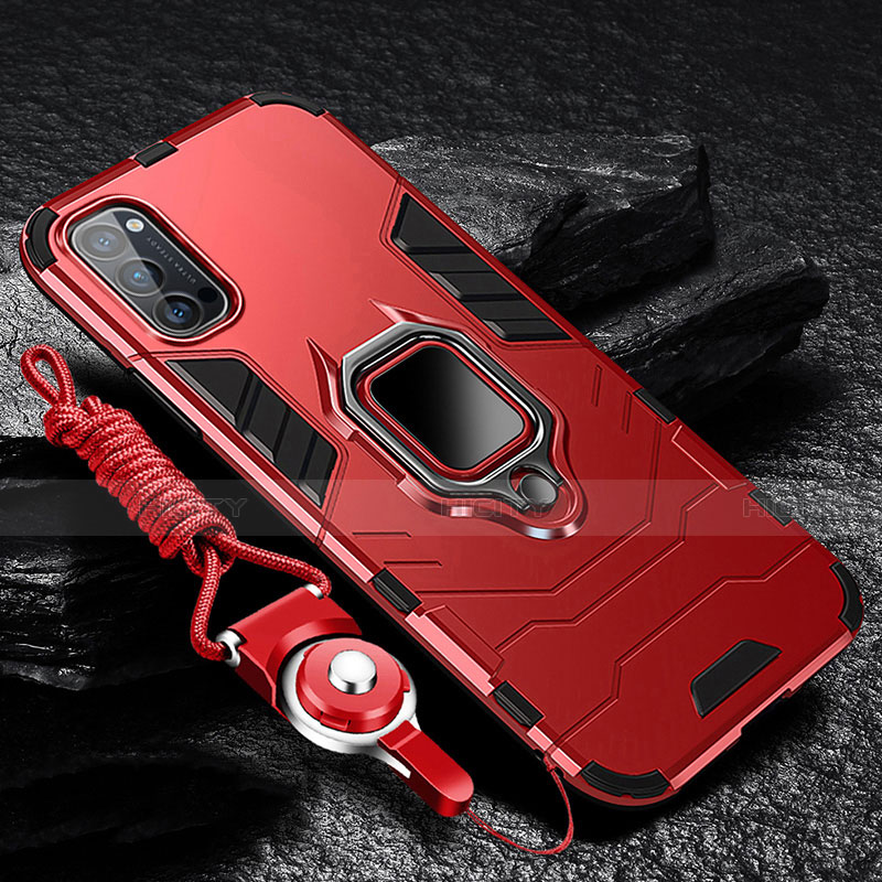 Funda Bumper Silicona y Plastico Mate Carcasa con Magnetico Anillo de dedo Soporte R01 para Oppo Reno4 Pro 5G Rojo