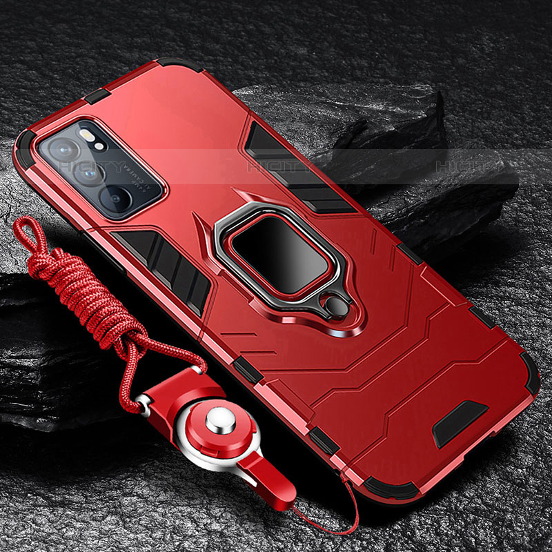 Funda Bumper Silicona y Plastico Mate Carcasa con Magnetico Anillo de dedo Soporte R01 para Oppo Reno6 Pro 5G India Rojo