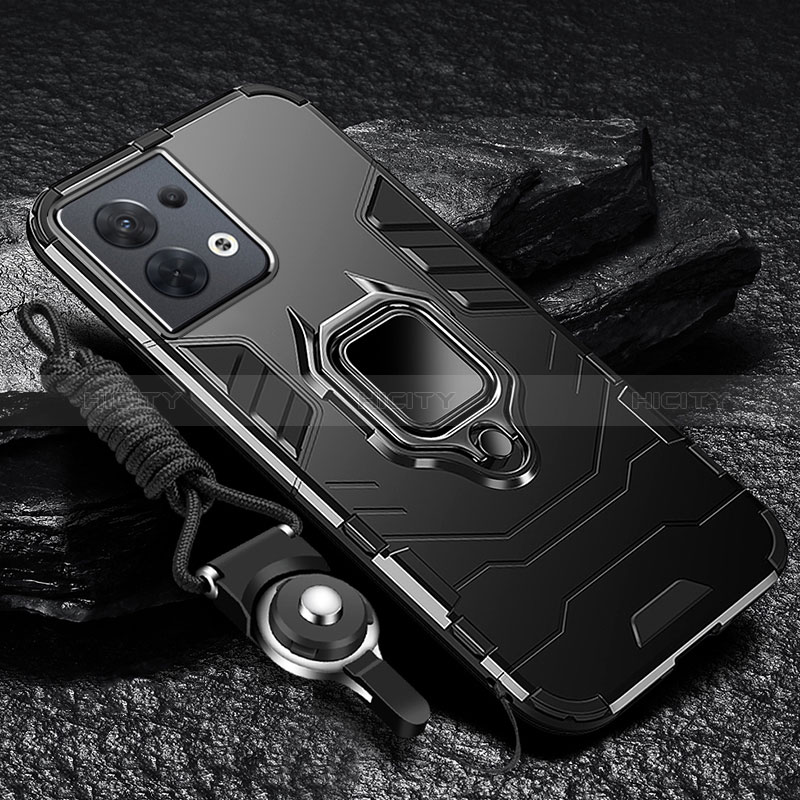 Funda Bumper Silicona y Plastico Mate Carcasa con Magnetico Anillo de dedo Soporte R01 para Oppo Reno9 Pro+ Plus 5G Negro