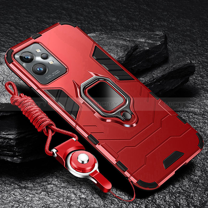 Funda Bumper Silicona y Plastico Mate Carcasa con Magnetico Anillo de dedo Soporte R01 para Realme GT2 Pro 5G Rojo