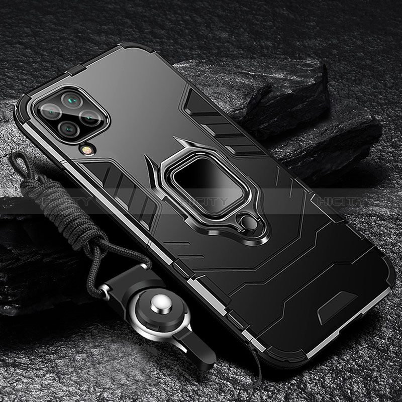 Funda Bumper Silicona y Plastico Mate Carcasa con Magnetico Anillo de dedo Soporte R01 para Samsung Galaxy A12 Nacho Negro