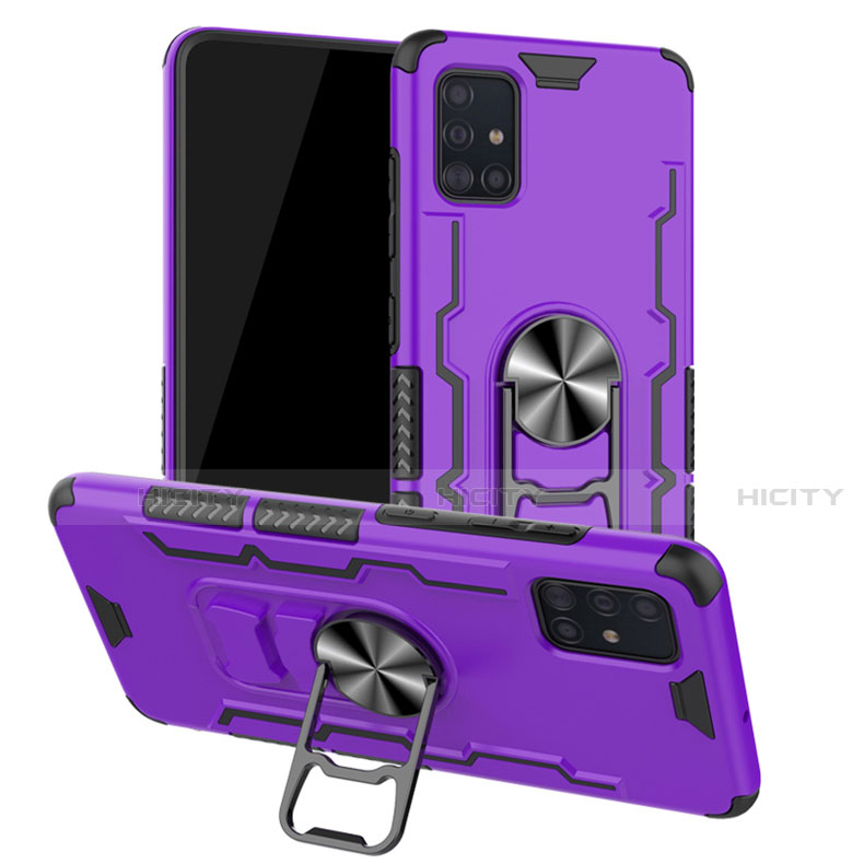 Funda Bumper Silicona y Plastico Mate Carcasa con Magnetico Anillo de dedo Soporte R01 para Samsung Galaxy A51 5G Morado