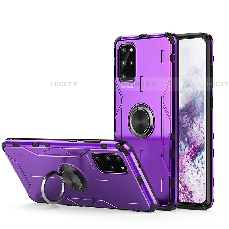 Funda Bumper Silicona y Plastico Mate Carcasa con Magnetico Anillo de dedo Soporte R01 para Samsung Galaxy S20 Plus 5G Morado