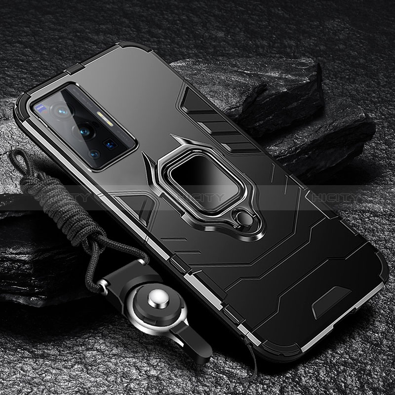 Funda Bumper Silicona y Plastico Mate Carcasa con Magnetico Anillo de dedo Soporte R01 para Vivo X70 Pro 5G Negro