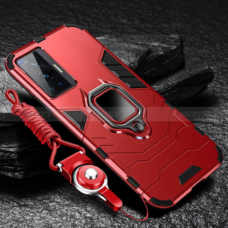 Funda Bumper Silicona y Plastico Mate Carcasa con Magnetico Anillo de dedo Soporte R01 para Vivo X70 Pro 5G Rojo