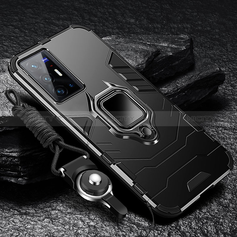 Funda Bumper Silicona y Plastico Mate Carcasa con Magnetico Anillo de dedo Soporte R01 para Vivo X70 Pro+ Plus 5G Negro