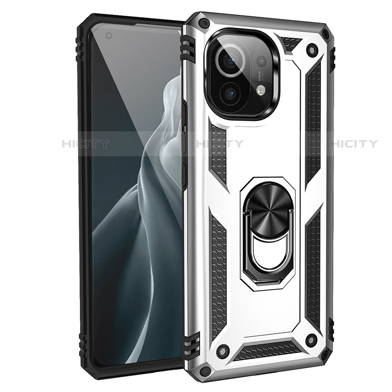 Funda Bumper Silicona y Plastico Mate Carcasa con Magnetico Anillo de dedo Soporte R01 para Xiaomi Mi 11 5G Plata